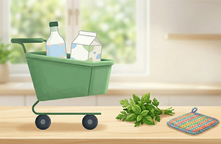 A shopping trolley with household goods and a price tag